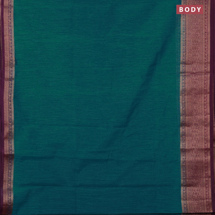 Banarasi semi matka saree teal blue and wine shade with plain body and antique zari border