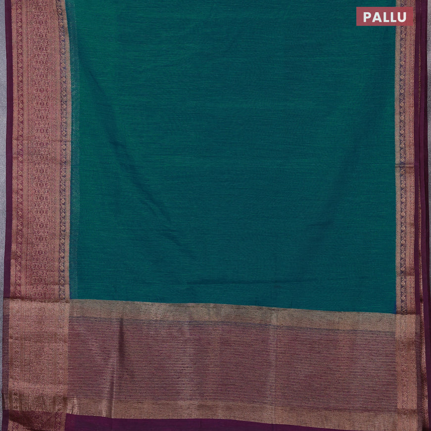 Banarasi semi matka saree teal blue and wine shade with plain body and antique zari border