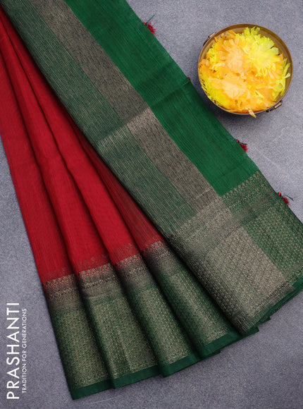 Banarasi semi matka saree red and green with plain body and antique zari border