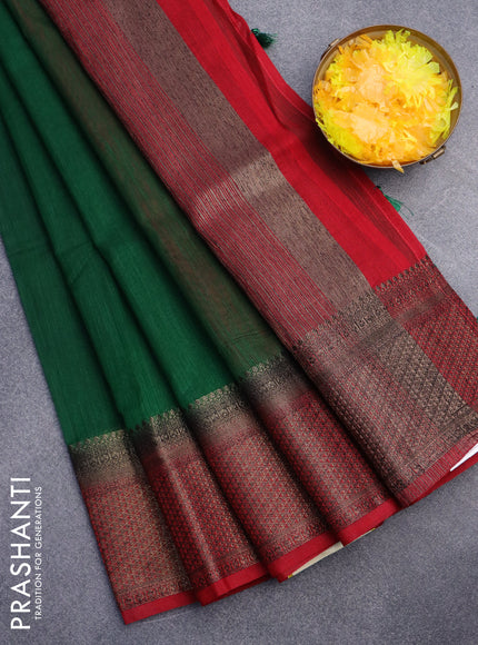 Banarasi semi matka saree green and red with plain body and antique zari border