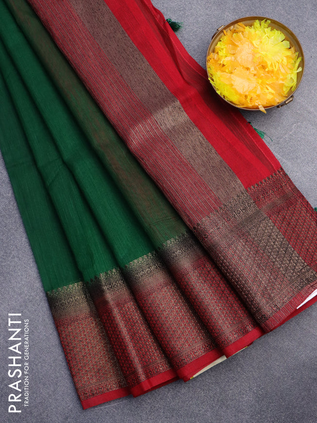 Banarasi semi matka saree green and red with plain body and antique zari border