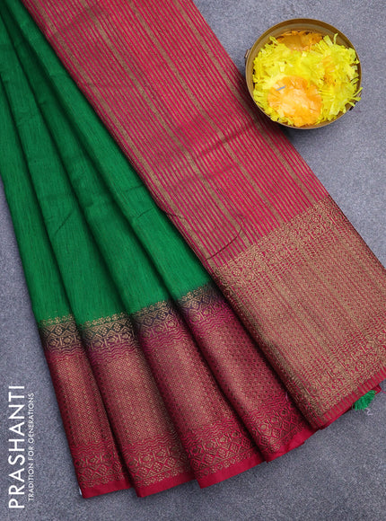 Banarasi semi matka saree green and pink with plain body and long antique zari border