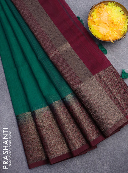 Banarasi semi matka saree green and dark magenta pink with plain body and antique zari border