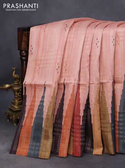 Semi tussar saree peach shade and multi colour with allover zari weaves & butta prints and temple design border