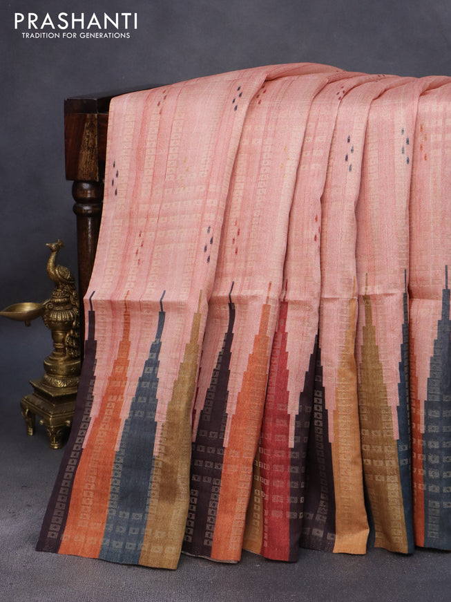 Semi tussar saree peach shade and multi colour with allover zari weaves & butta prints and temple design border