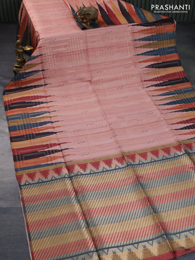 Semi tussar saree peach shade and multi colour with allover zari weaves & butta prints and temple design border