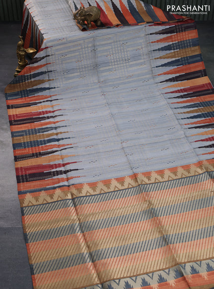 Semi tussar saree grey and multi colour with allover zari weaves & butta prints and temple design border