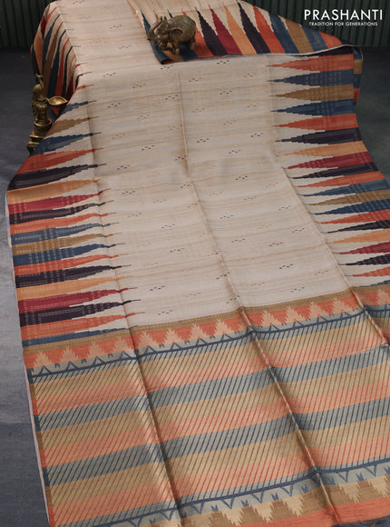 Semi tussar saree beige and multi colour with allover zari weaves & butta prints and temple design border