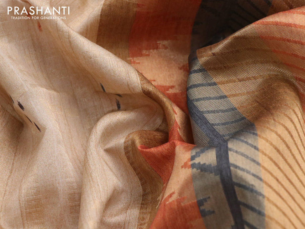 Semi tussar saree beige and multi colour with allover zari weaves & butta prints and temple design border