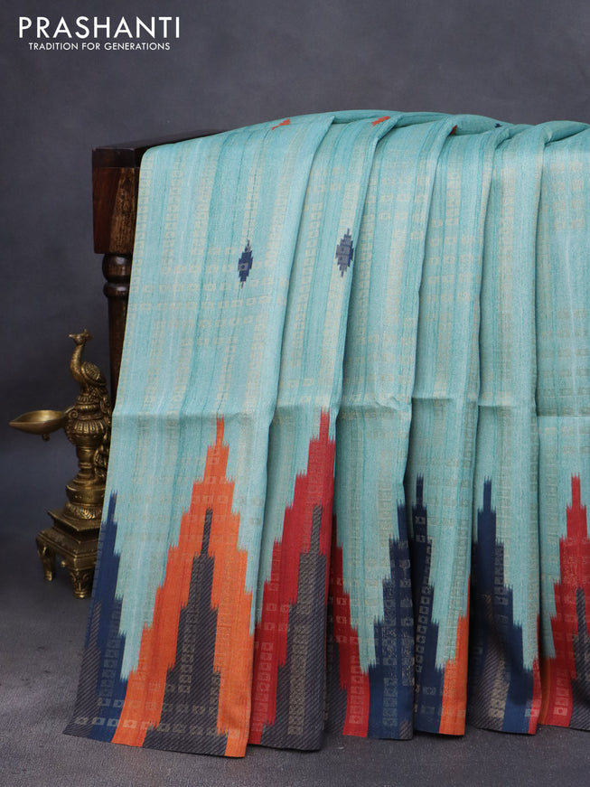 Semi tussar saree teal blue shade and multi colour with allover zari weaves & butta prints and temple design border