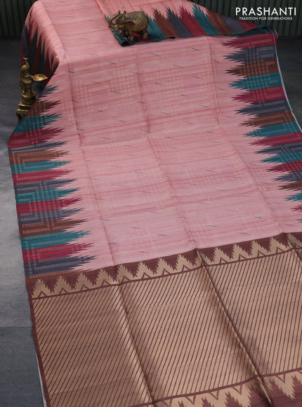 Semi tussar saree peach pink and brown with allover zari weaves & butta prints and temple design border