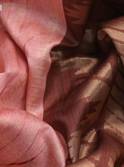 Semi tussar saree peach pink and brown with allover zari weaves & butta prints and temple design border