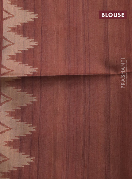 Semi tussar saree peach pink and brown with allover zari weaves & butta prints and temple design border