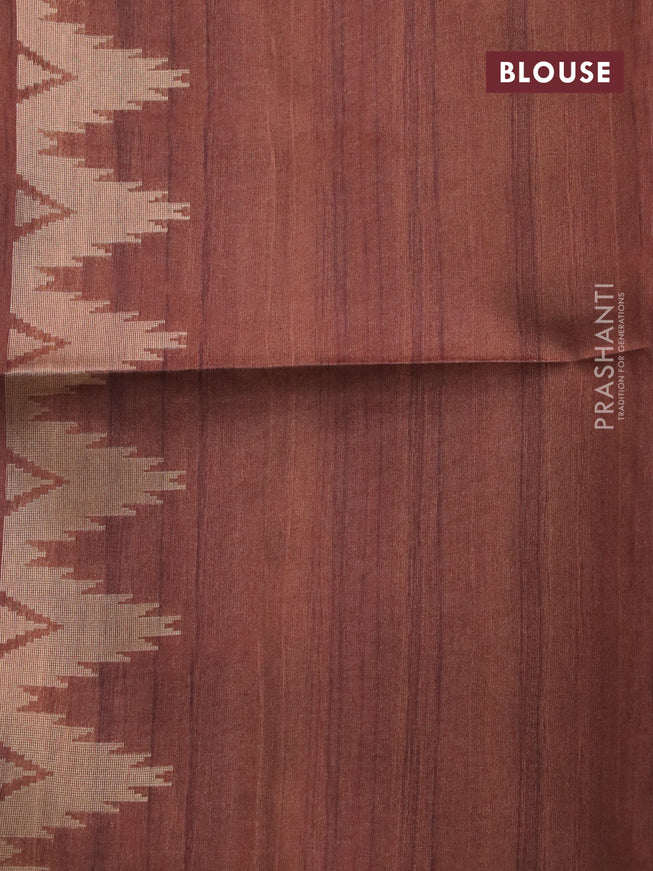 Semi tussar saree peach pink and brown with allover zari weaves & butta prints and temple design border