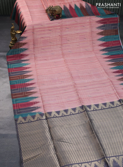 Semi tussar saree peach shade and multi colour with allover zari weaves & butta prints and temple design border