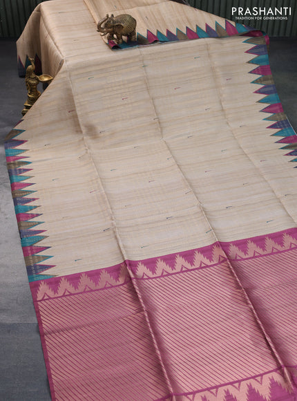 Semi tussar saree beige and multi colour with allover zari weaves & muniya butta prints and temple design border