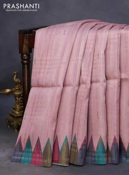 Semi tussar saree pastel pink and multi colour with allover zari weaves & muniya butta prints and temple design border