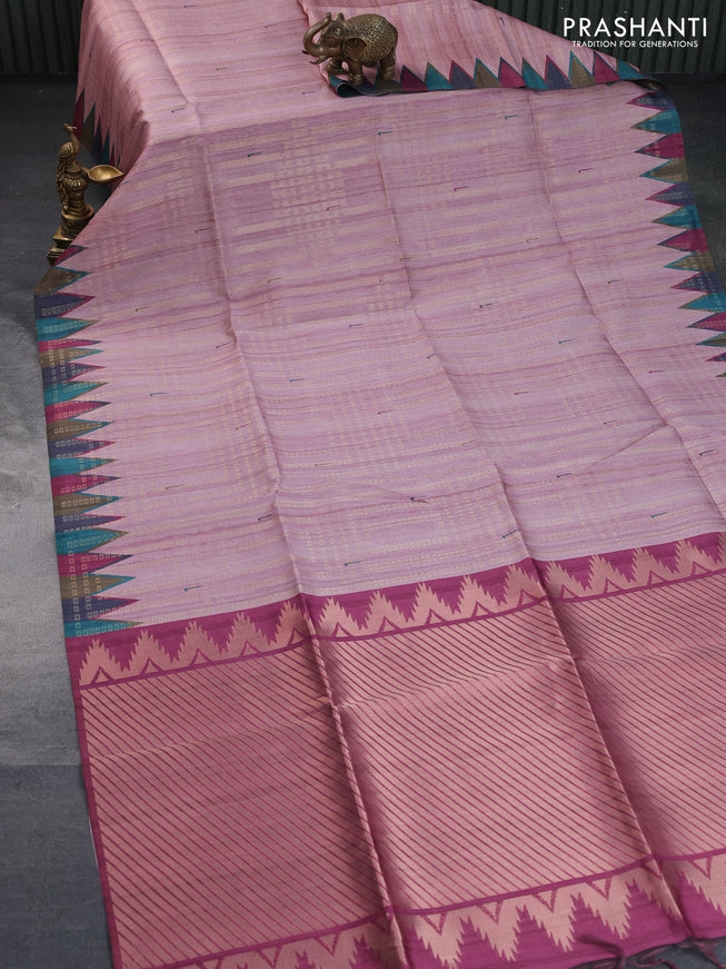 Semi tussar saree pastel pink and multi colour with allover zari weaves & muniya butta prints and temple design border