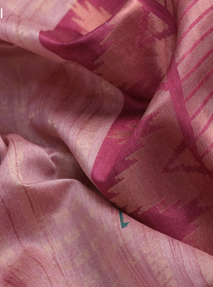 Semi tussar saree pastel pink and multi colour with allover zari weaves & muniya butta prints and temple design border