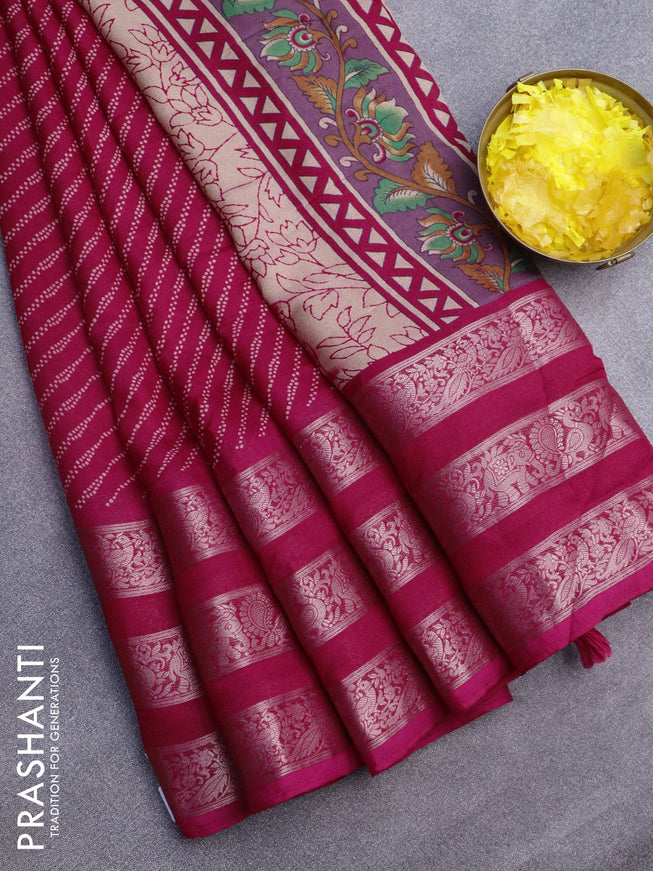 Semi georgette saree pink with allover prints and long zari woven border