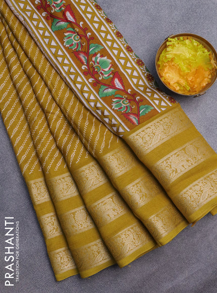 Semi georgette saree mustard yellow with allover prints and long zari woven border