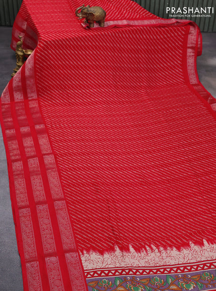 Semi georgette saree red with allover prints and long zari woven border