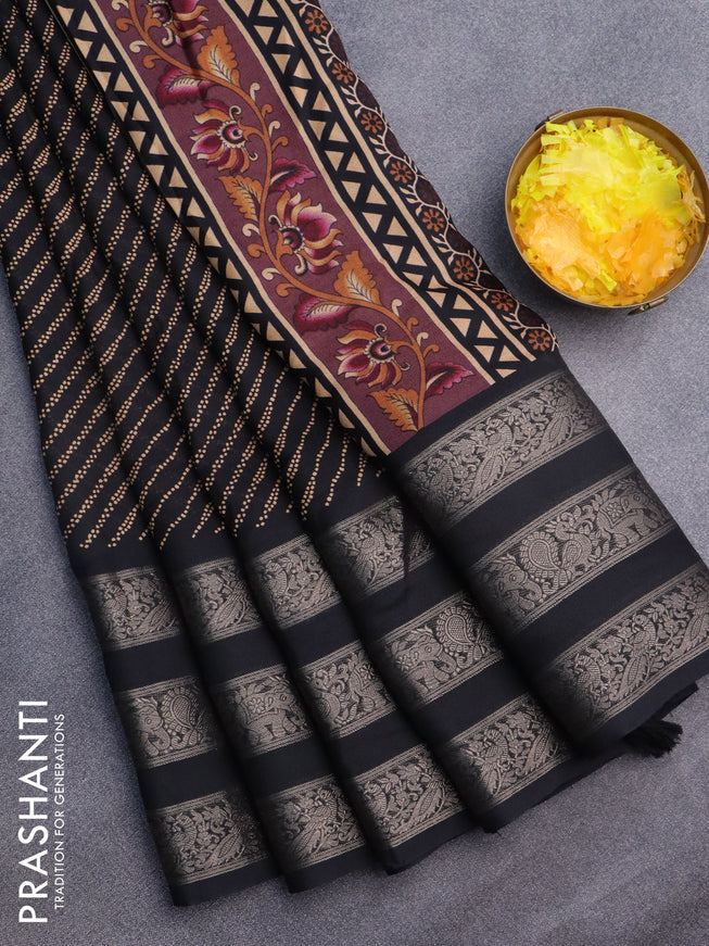 Semi georgette saree black with allover prints and long zari woven border