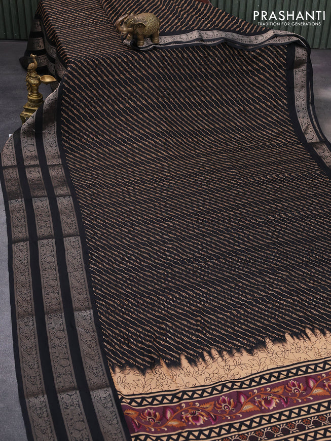 Semi georgette saree black with allover prints and long zari woven border