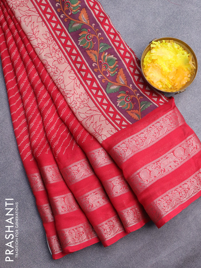 Semi georgette saree red with allover prints and long zari woven border