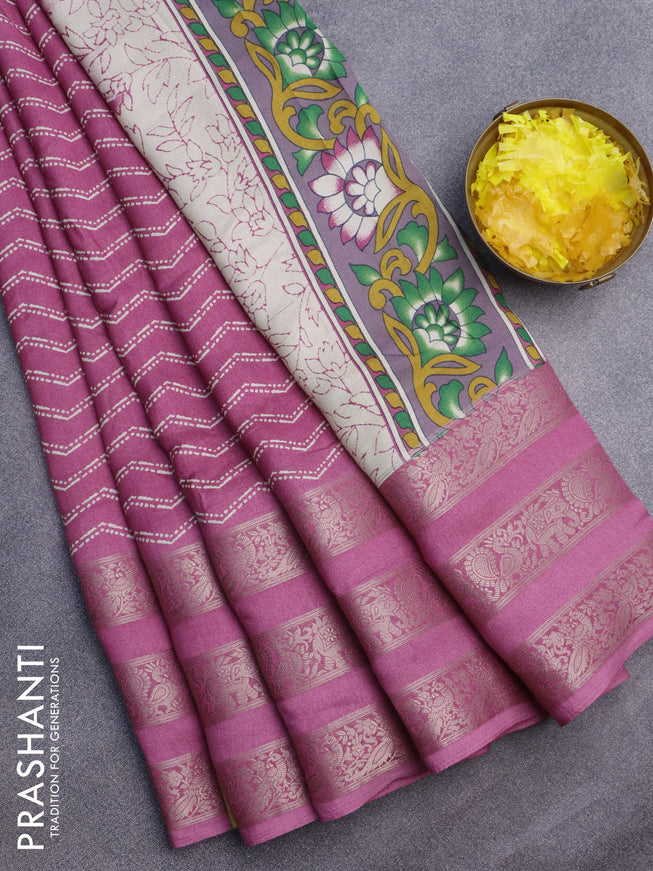 Semi georgette saree mauve pink with allover zig zag prints and long zari woven border