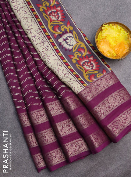 Semi georgette saree deep purple with allover zig zag prints and long zari woven border