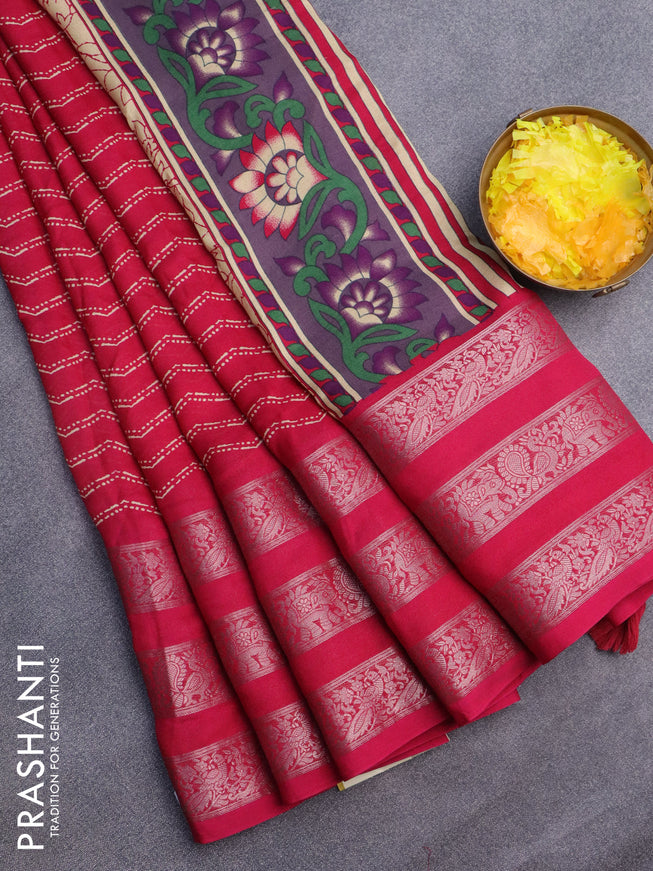 Semi georgette saree pink with allover zig zag prints and long zari woven border