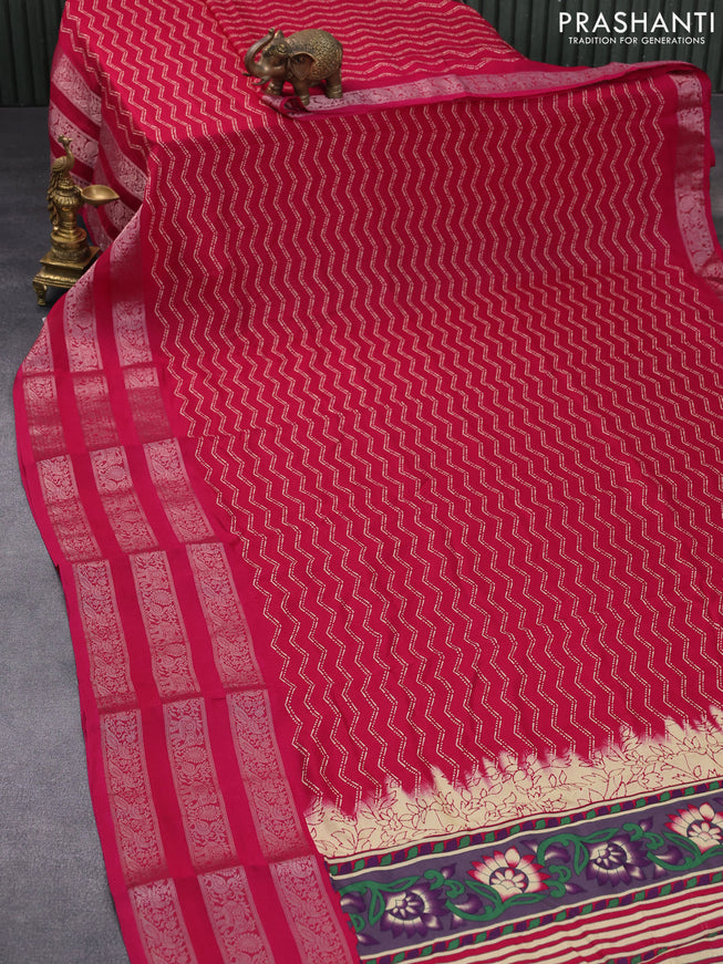 Semi georgette saree pink with allover zig zag prints and long zari woven border