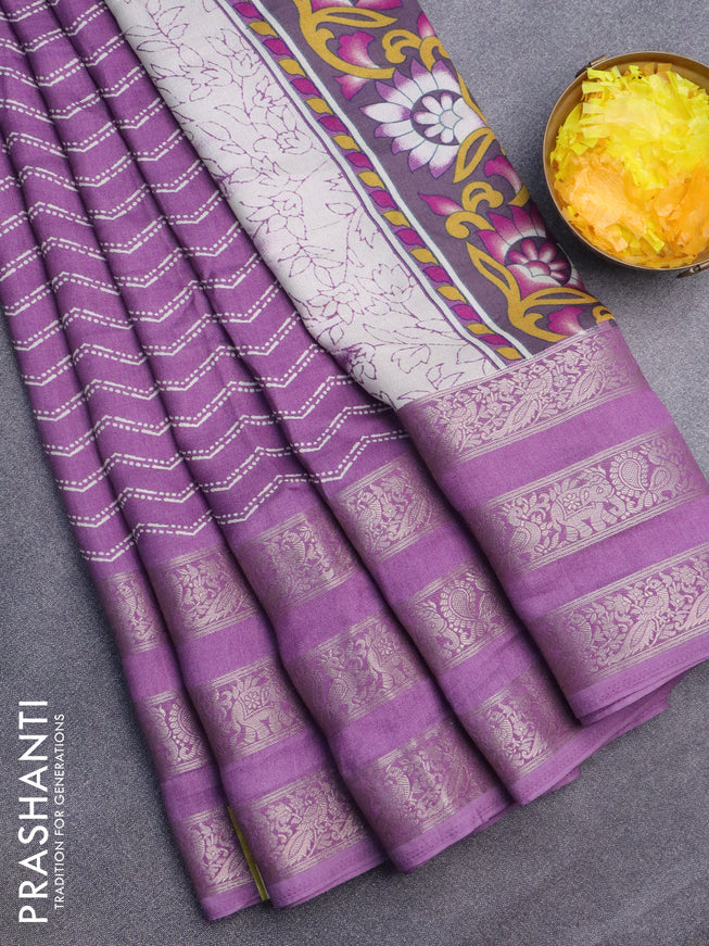 Semi georgette saree lavender shade with allover zig zag prints and long zari woven border