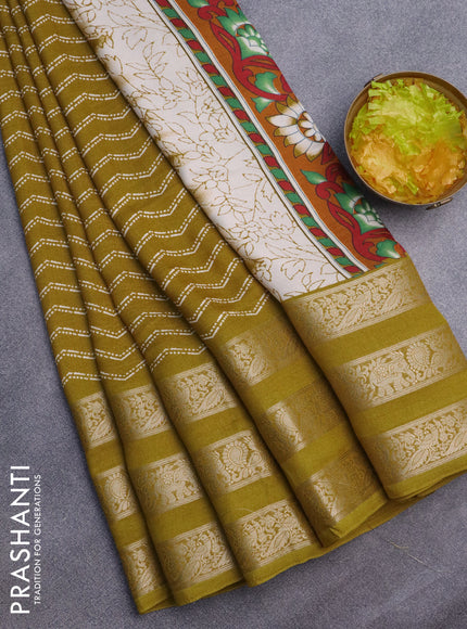 Semi georgette saree mustard yellow with allover zig zag prints and long zari woven border