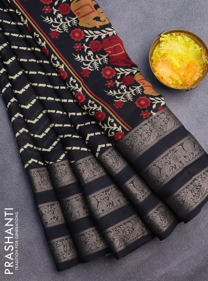 Semi georgette saree black with allover zig zag prints and long zari woven border