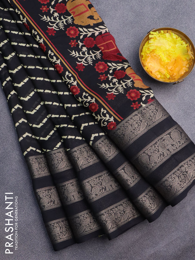 Semi georgette saree black with allover zig zag prints and long zari woven border