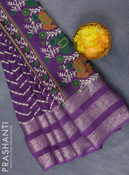 Semi georgette saree violet with allover zig zag prints and long zari woven border