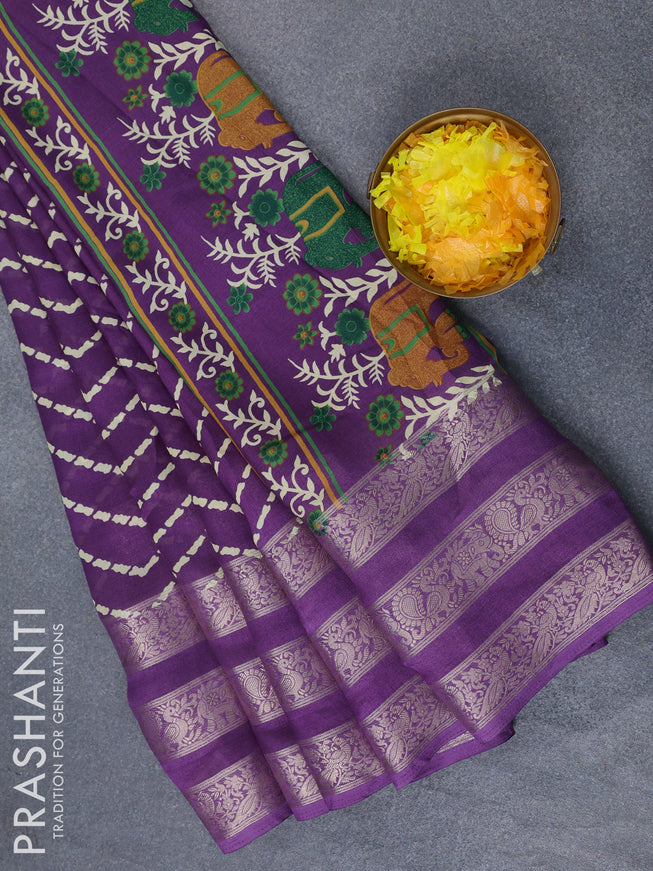 Semi georgette saree violet with allover zig zag prints and long zari woven border