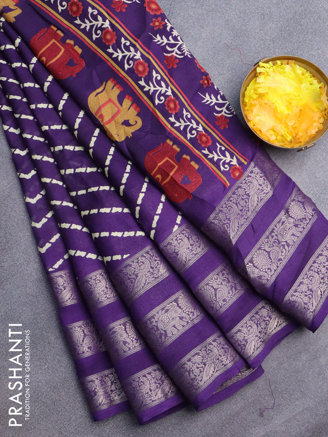 Semi georgette saree deep violet with allover zig zag prints and long zari woven border