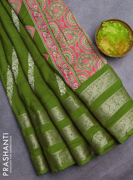 Semi georgette saree mehendi green with allover prints and long zari woven border