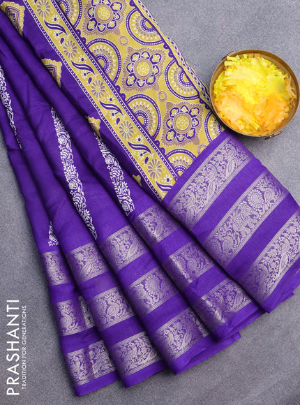 Semi georgette saree violet with allover prints and long zari woven border