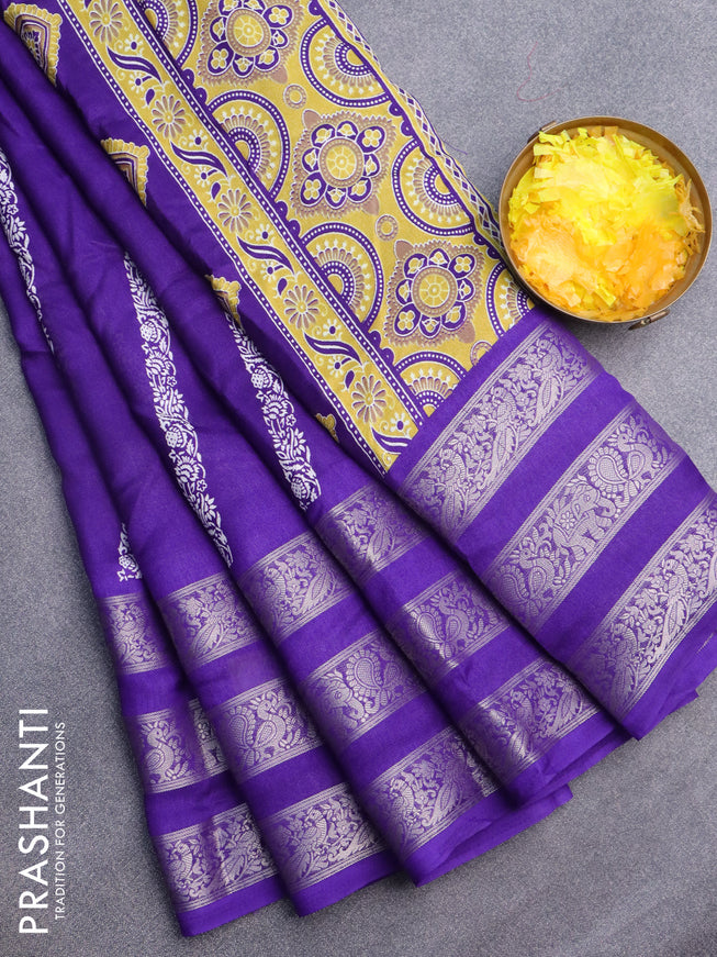 Semi georgette saree violet with allover prints and long zari woven border