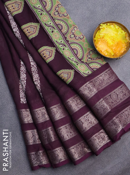 Semi georgette saree deep wine shade with allover prints and long zari woven border