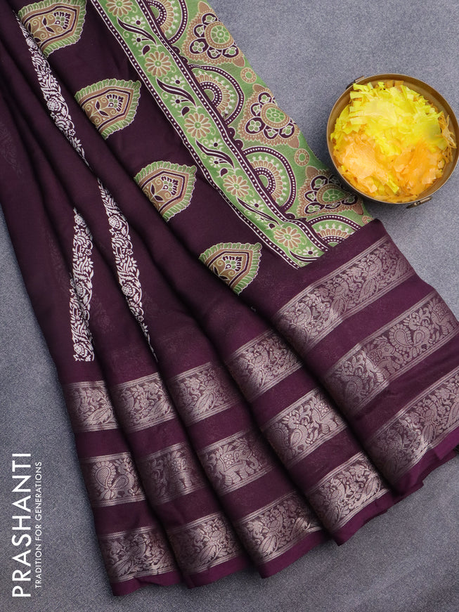 Semi georgette saree deep wine shade with allover prints and long zari woven border