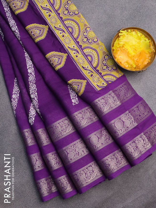 Semi georgette saree violet with allover prints and long zari woven border