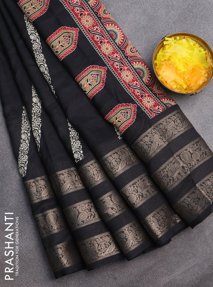 Semi georgette saree black with allover prints and long zari woven border