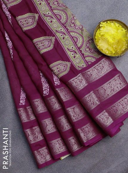 Semi georgette saree dark magenta pink with allover prints and long zari woven border