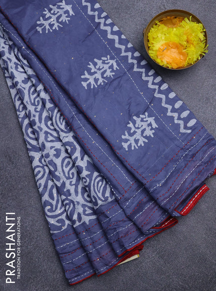 Batik cotton saree bluish grey and red with allover batik prints & sequin work and kantha stitch work border