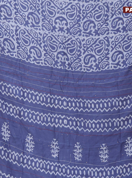 Batik cotton saree bluish grey and red with allover batik prints & sequin work and kantha stitch work border